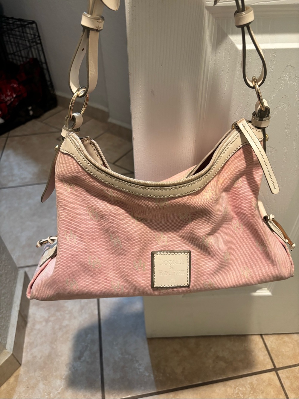 Dooney & Bourke Pink Canvas Shoulder Hobo with Cream Trim